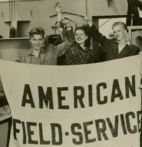 AFS Czechoslovakian Participants Milan Stamm, Jaroslava Moserova, and Arnost Kotyk arrive in New York. 1947.