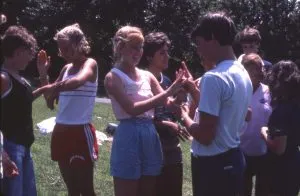 AFSers participating in an orientation activity at the C.W. Post campus in Long Island, New York (USA.) June 1984.
