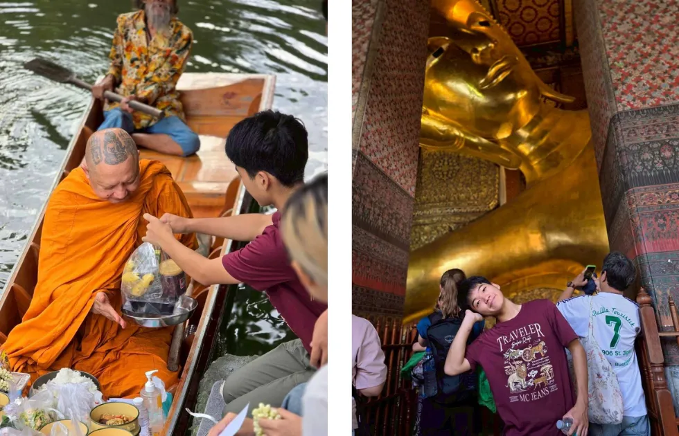 ฮารุมะนักเรียนแลกเปลี่ยนญี่ปุ่นร่วมตักบาตรพระสงฆ์ทางเรือและท่องเที่ยวชมพระนอนวัดโพธิ์ร่วมกับโฮสต์แฟมิลี่