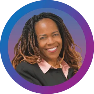Thresa Giles headshot blue-purple gradient circle frame.