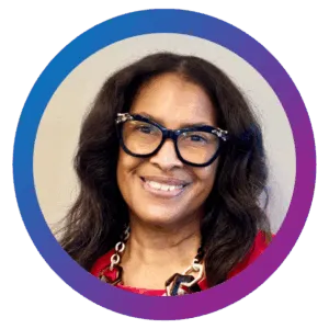 Michelle C. Pinedo headshot on a blue-purple gradient circle frame.