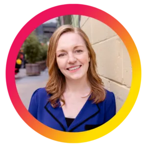 Kate Mulvihill headshot with a pink-yellow gradient frame
