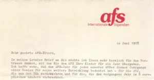 AFS-Anschreiben an Entsendeeltern zur Rückkehr ihres Kindes 1978