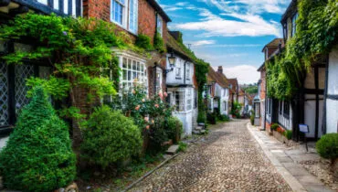 Charming houses in beautiful, cobbled Mermaid Street, Rye, England