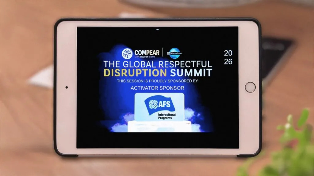 Tablet displaying the Global Respectful Disruption Summit 2026 sponsored session by AFS Intercultural Programs, highlighting AFS as an activator sponsor for global education and leadership conversations.